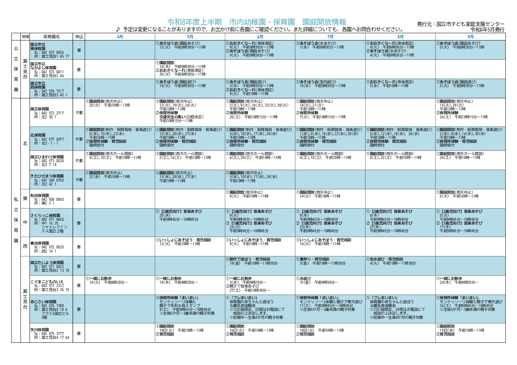 園庭開放情報表面