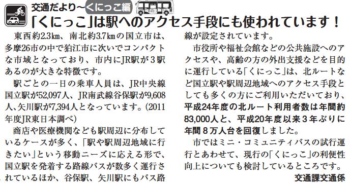 (画像)市報6月5日号交通だよりくにっこ編第二十一回。国立市は市内にJR駅が3駅あるのが大きな特徴です。商店や医療機関なども駅周辺に分布しているケースが多く「駅や駅周辺地域に行きたい」という移動ニーズに応える形で、国立駅を発着する路線バスが数多く運行されているほか、谷保駅、矢川駅にもバス路線が設定されています。「くにっこ」も国立駅や駅付近へのアクセス手段として多くの方にご利用いただいており、平成24年度の北ルートの利用者数は約83,000人と、平成20年度以来3年ぶりに年間8万人台を回復しました。市ではミニ・コミュニティバスの試行運行とあわせて、現行の「くにっこ」の利便性向上についても検討しています。