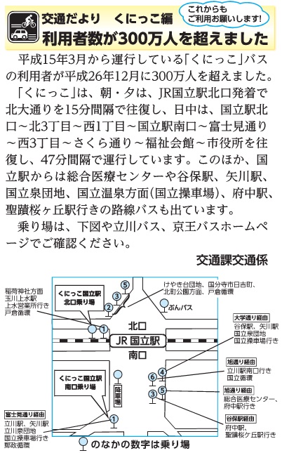 (画像)市報6月20日号交通だよりくにっこ編第二十八回。平成15年3月から運行している「くにっこ」バスの利用者が、平成26年12月に300万人を超えました。200万人を超えたのが平成23年4月でしたが、これからもますますのご利用をお願いします。「くにっこ」バスは、朝・夕は、国立駅北口発着で北大通りを往復し北三丁目方面を15分毎に、日中は、国立駅北口から北3丁目から西1丁目から国立駅南口(たましん前立川バス(1)番乗り場)から富士見通りから西3丁目からさくら通りから福祉会館から市役所を往復し、47分毎の運行となっています。詳しくは市ホームページをご覧ください